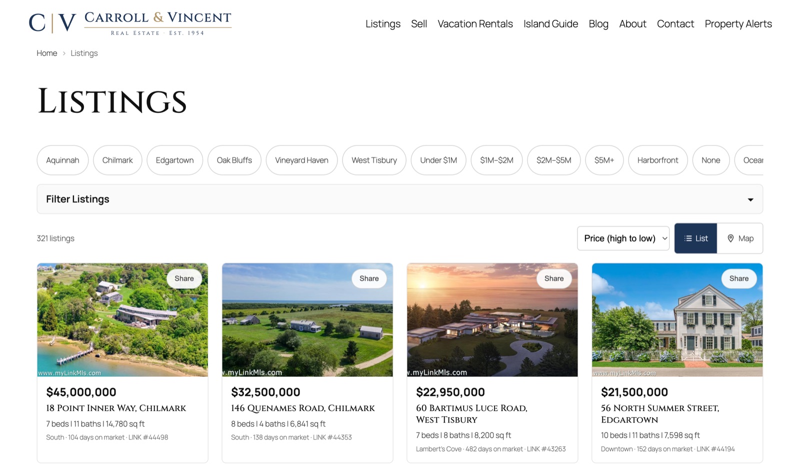 The listings page with search filters, a map toggle, and property cards.