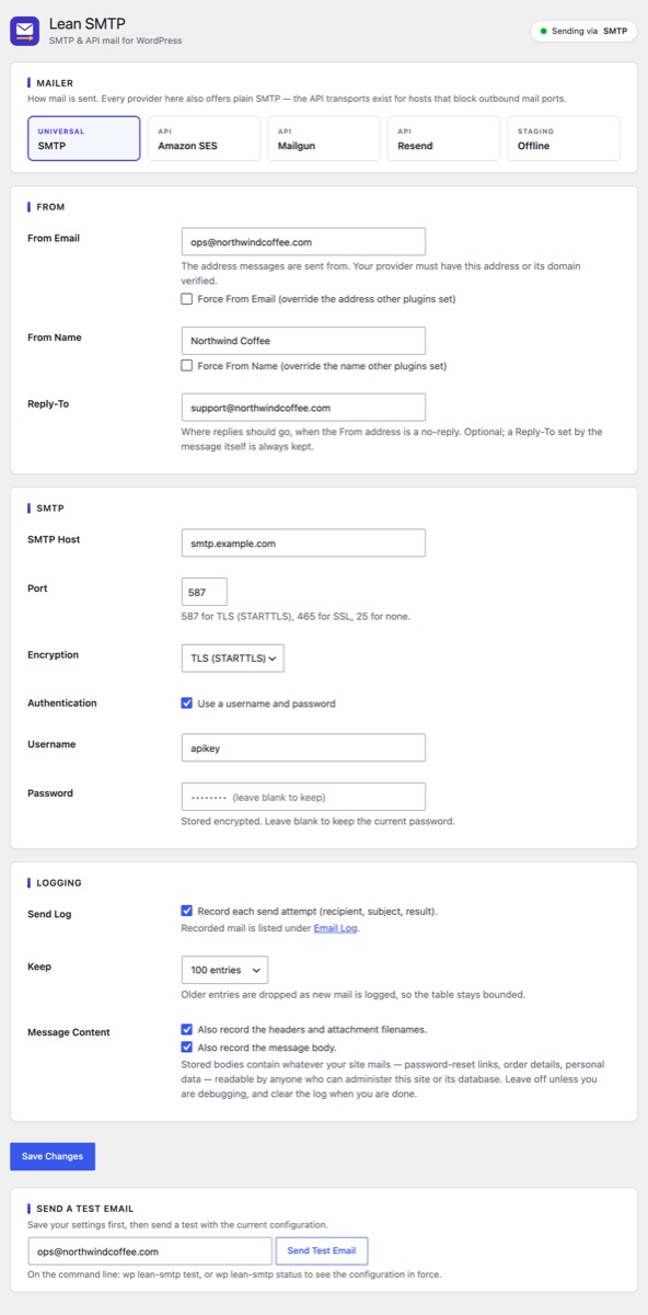 The Lean SMTP settings screen.