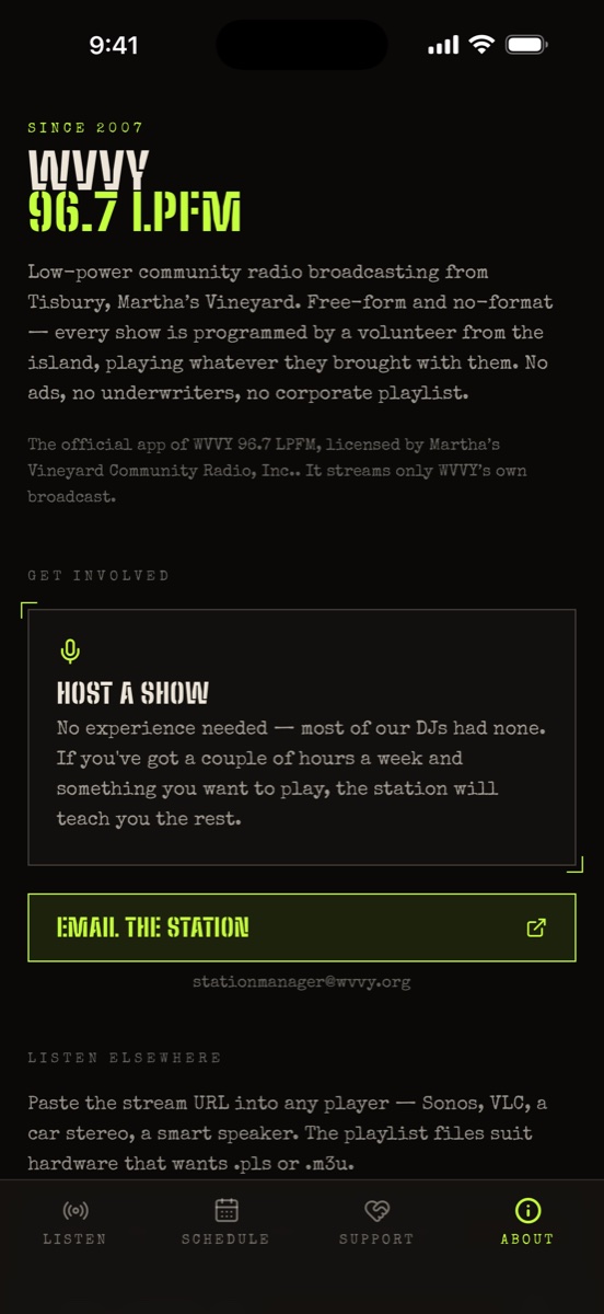 The WVVY app about screen.