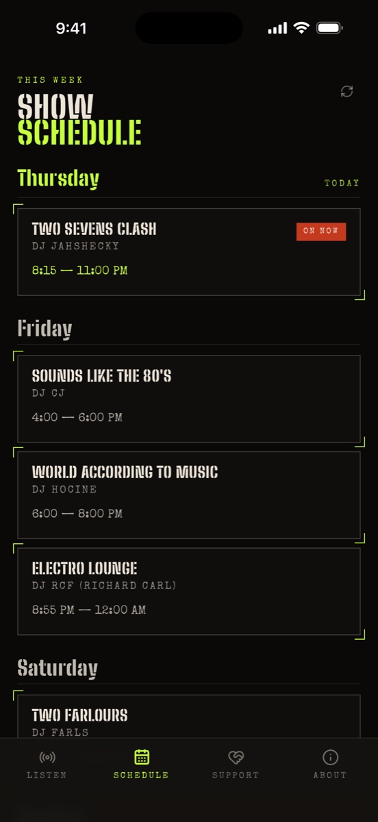 The WVVY app DJ schedule screen.