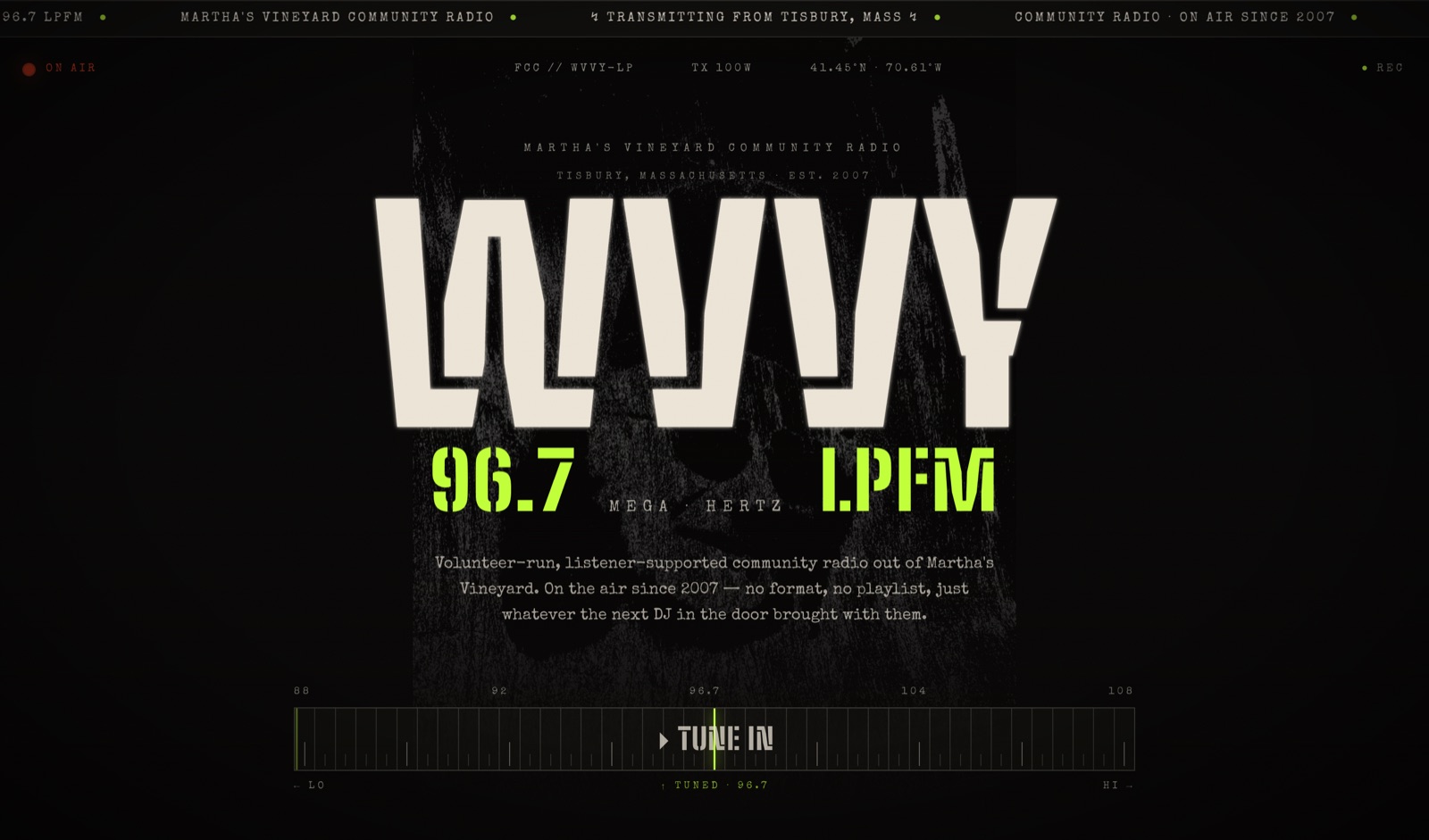 The WVVY 96.7 website — a bold logo over a radio tuning dial.